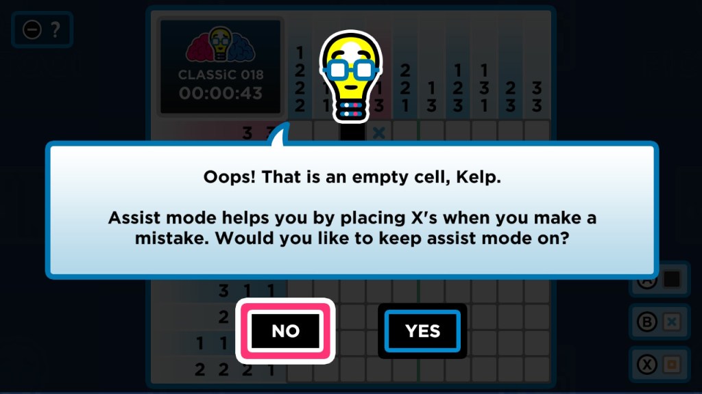 Assist mode tooltip, with a prompt to turn it off