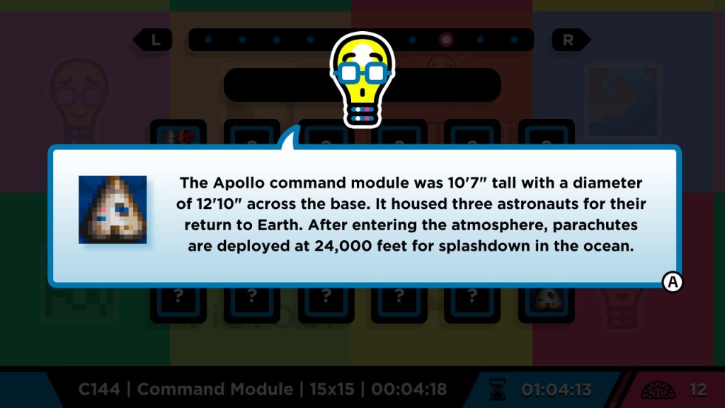 The Apollo command module was 10'7" tall with a diameter of 12'10" across the base. It housed three astronauts for their return to Earth. After entering the atmosphere, parachutes are deployed at 24,000 feet for splashdown in the ocean.