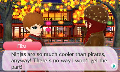Eliza, in a ninja?? outfit: Ninjas are so much cooler than pirates, anyway! There's no way I won't get the part!