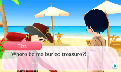 Eliza, in a red swashbuckling outfit: Where be me buried treasure?!