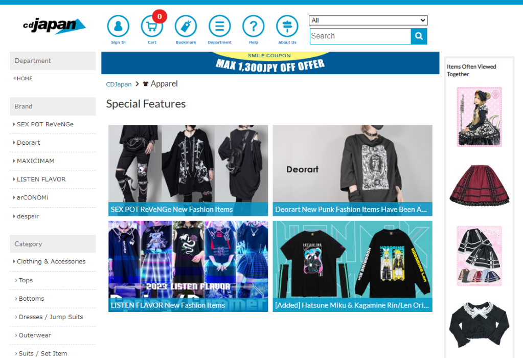 CDJapan's apparel page, with ads for SEX POT ReVeNGe, Deorart, and Listen Flavor