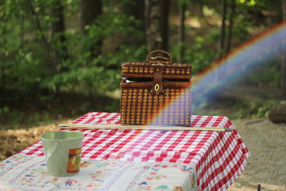 A picnic table in the woods with a red gingham tablecloth, but also a bizarrely photoshopped in rainbow??