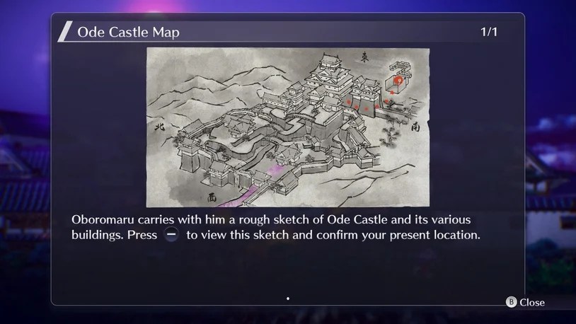 Oboromaru carries with him a rough sketch of Ode Castle and its various buildings. Press minus to view this sketch and confirm your present location.