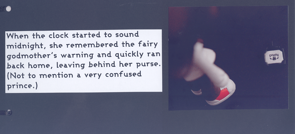 When the clock started to sound midnight, she remembered the fairy godmother's warning and quickly ran back home, leaving behind her purse. (Not to mention a very confused prince.)