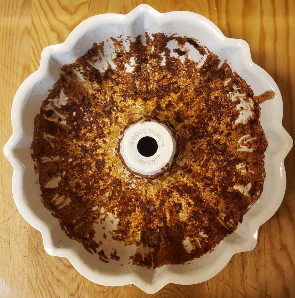 Bundt cake pan with heavy cake residue 