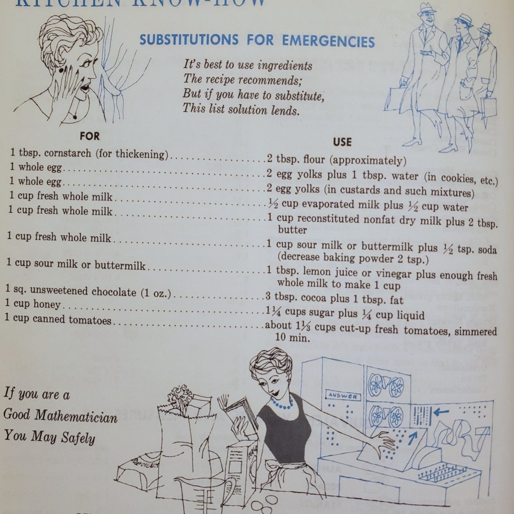 Substitutions for emergencies. 1 whole  egg dot dot dot 2 egg yolks plus 1 tablespoon water, in cookies et cetera. 1 whole egg dot dot dot 2 egg yolks in custards and such