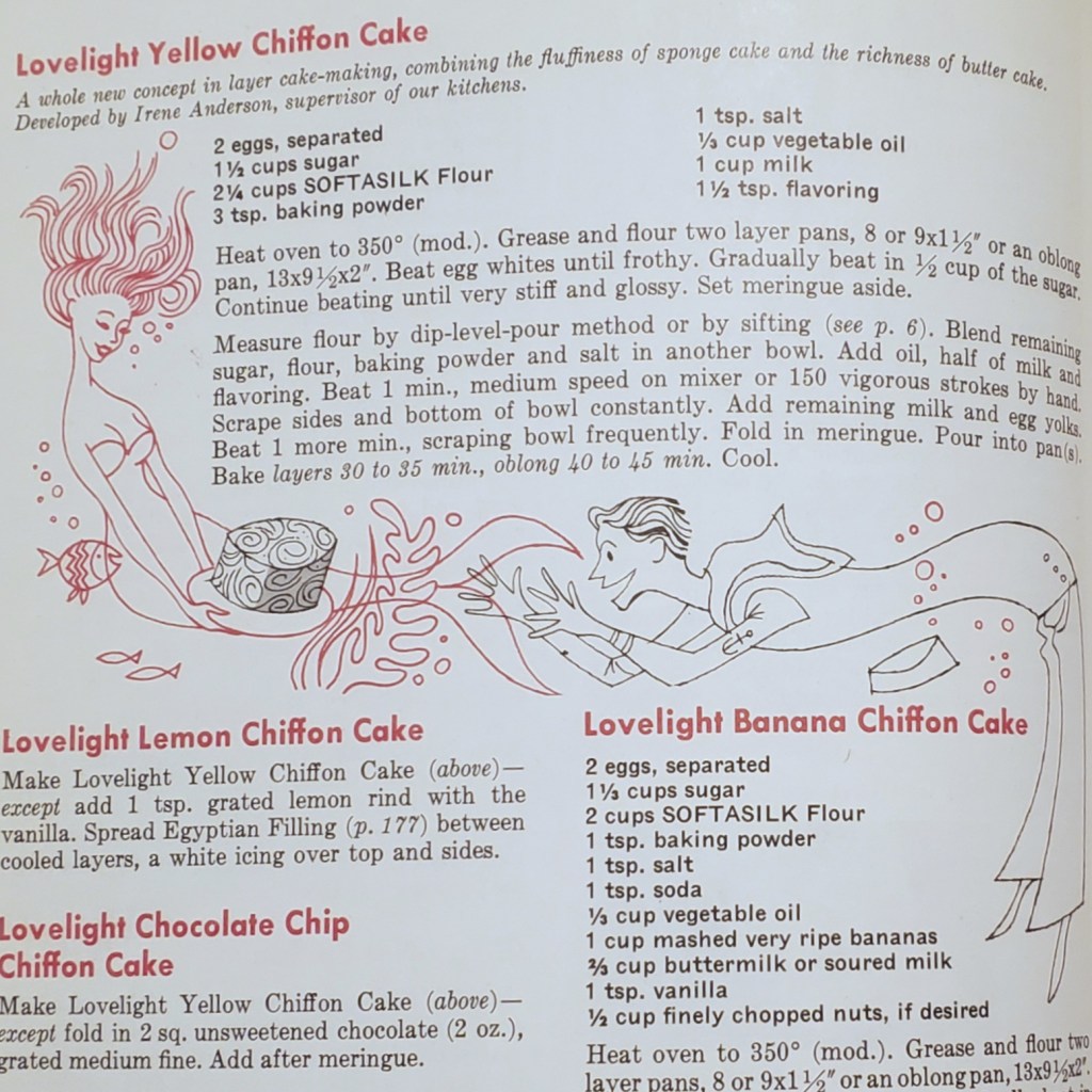 Illustration of a sailor underwater reaching out to grab a frosted cake held by a mermaid