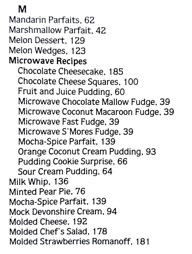 M section of recipe index, featuring multiple Microwave Recipes