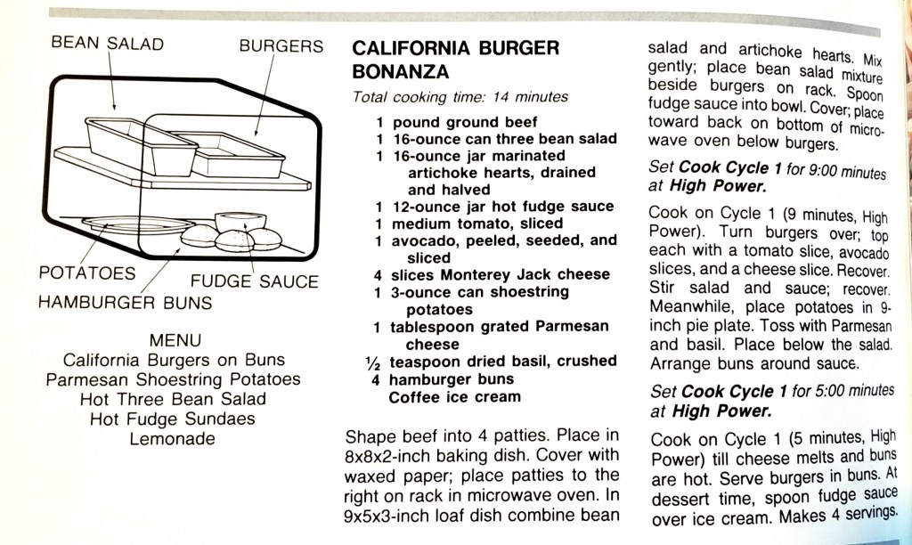 California Burger Bonanza, which simultaneously cooks 4 patties, a bean salad, fudge sauce for a coffee ice cream sundae, and shoestring fries, using bi-level cooking.