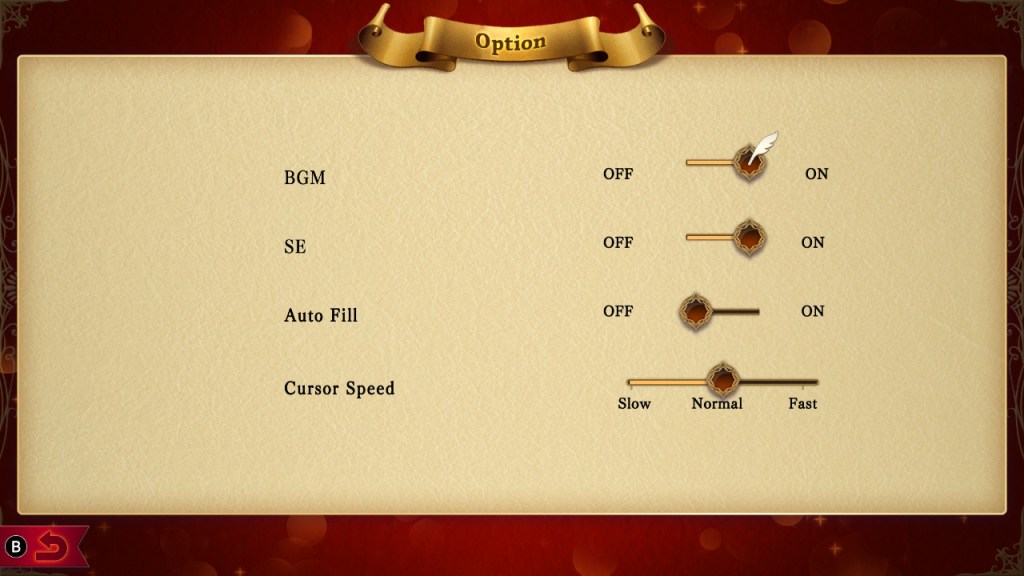 Options screen, with on off toggles for BGM, SE, and Auto Fill, and a Slow Normal Fast toggle for Cursor Speed.