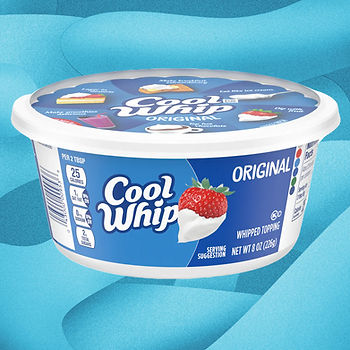 A tub of Cool Whip against a swirled blue background