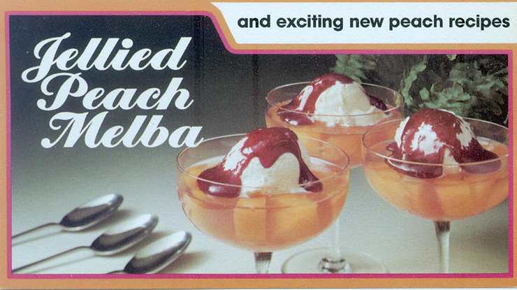 Ad picturing 3 peach gelatin desserts topped with ice cream and raspberry jam