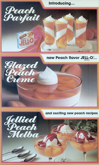 An ad featuring three gelatin desserts made with peaches