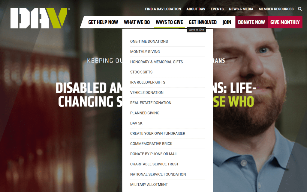Home page of DAV with Ways to Give menu expanded. the many choices include Stock Gifts, IRA Rollover Gifts, DAV 5K, and a Commemorative Brick