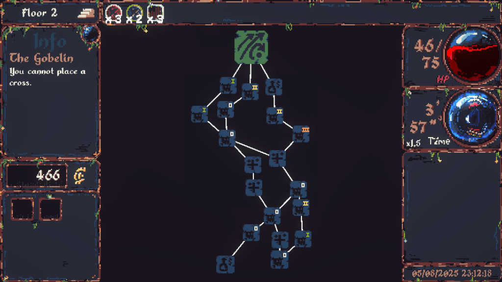 Screenshot of the game map in all its pixel art glory with three intersecting paths ending at a boss level. On left, the UI reads Floor 2, Info, The Gobelin, You cannot place a cross.