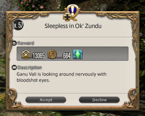 Details for a quest titled Sleepless in Ok'Zundu