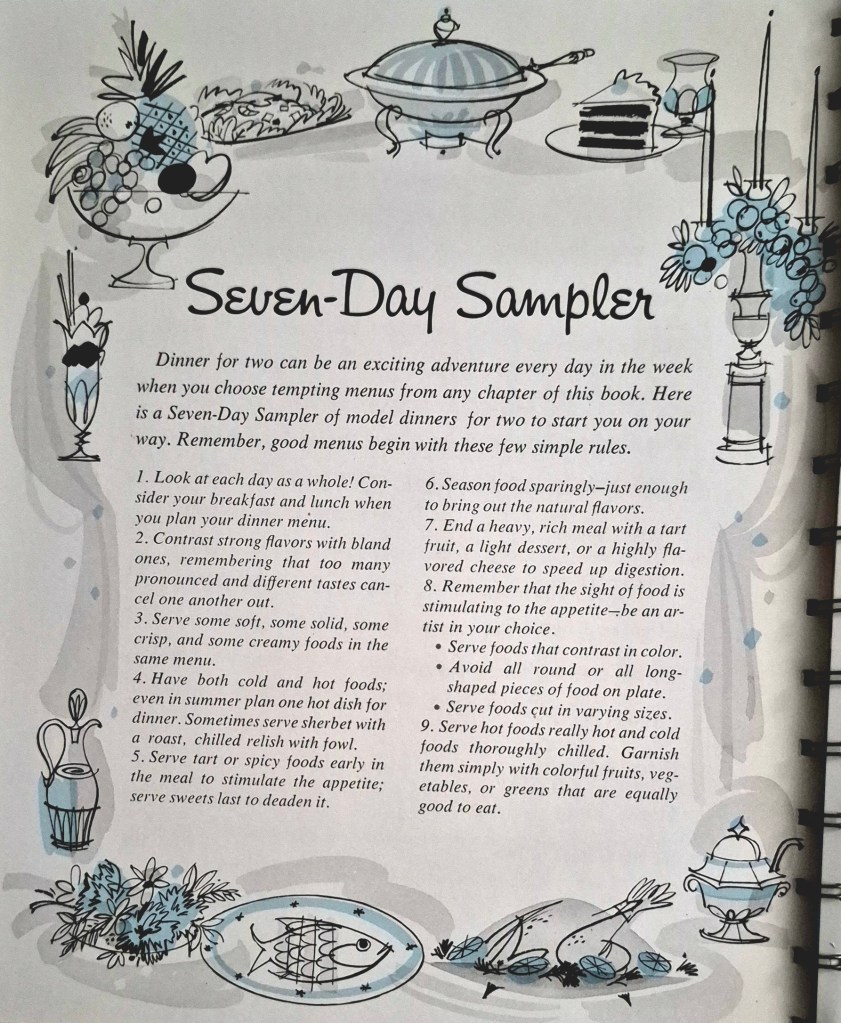 Seven-Day Sampler

Dinner for two can be an exciting adventure every day in the week
when you choose tempting menus from any chapter of this book. Here
is a Seven-Day Sampler of model dinners for two to start you on your
way. Remember, good menus begin with these few simple rules.

1. Look at each day as a whole! Consider your breakfast and lunch when you plan your dinner menu.
