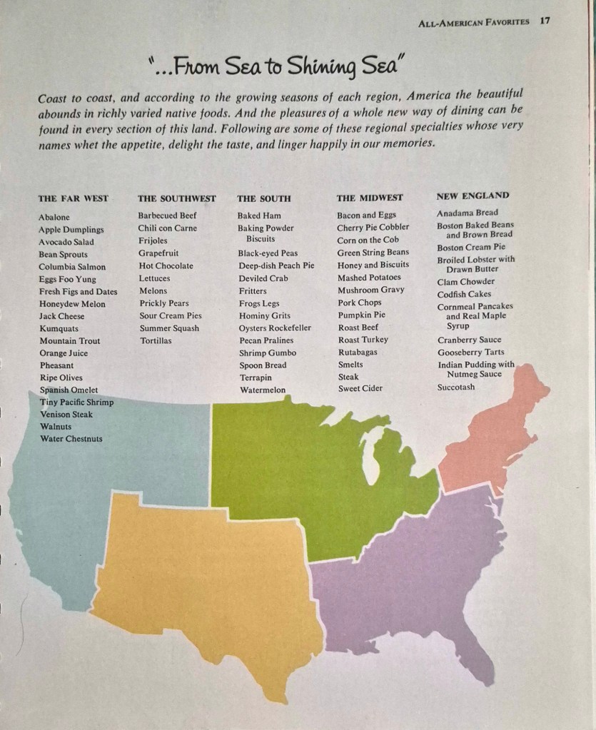 " ... From Sea to Shining Sea"

Coast to coast, and according to the growing seasons of each region, America the beautiful
abounds in richly varied native foods. And the pleasures of a whole new way of dining can be
found in every section of this land. Following are some of these regional specialties whose very
names whet the appetite, delight the taste, and linger happily in our memories.

THE FAR WEST
Abalone
Apple Dumplings
Avocado Salad
Bean Sprouts
Columbia Salmon
Eggs Foo Yung
Fresh Figs and Dates
Honeydew Melon
Jack Cheese
Kumquats
Mountain Trout
Orange Juice
Pheasant
Ripe Olives
Spanish Omelet
Tiny Pacific Shrimp
Venison Steak
Walnuts
Water Chestnuts

THE SOUTHWEST
Barbecued Beef
Chili con Carne
Frijoles
Grapefruit
Hot Chocolate
Lettuces
Melons
Prickly Pears
Sour Cream Pies
Summer Squash
Tortillas

THE SOUTH
Baked Ham
Baking Powder
Biscuits
Black-eyed Peas
Deep-dish Peach Pie
Deviled Crab
Fritters
Frogs Legs
Hominy Grits
Oysters Rockefeller
Pecan Pralines
Shrimp Gumbo
Spoon Bread
Terrapin
Watermelon

THE MIDWEST
Bacon and Eggs
Cherry Pie Cobbler
Corn on the Cob
Green String Beans
Honey and Biscuits
Mashed Potatoes
Mushroom Gravy
Pork Chops
Pumpkin Pie
Roast Beef
Roast Turkey
Rutabagas
Smelts
Steak
Sweet Cider

NEW ENGLAND
Anadama Bread
Boston Baked Beans
and Brown Bread
Boston Cream Pie
Broiled Lobster with
Drawn Butter
Clam Chowder
Codfish Cakes
Cornmeal Pancakes
and Real Maple
Syrup
Cranberry Sauce
Gooseberry Tarts
Indian Pudding with
Nutmeg Sauce
Succotash