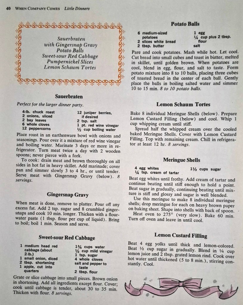 Recipes for Sauerbraten, Sweet-sour Red Cabbage, Potato Balls, and Lemon Schaum Tortes