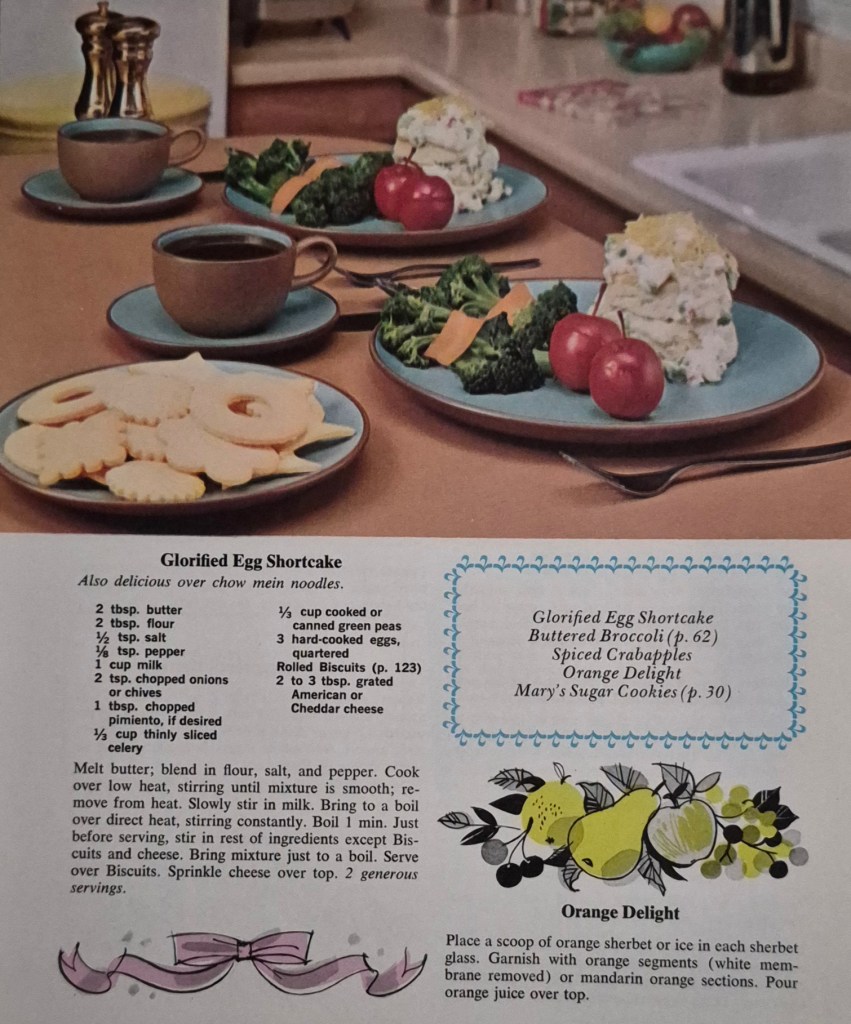 Glorified Egg Shortcake, quote also delicious over chow mein noodles. The recipe resembles a sort of pot pie with only vegetables and quartered hard boiled eggs. There's no shortcake either, says serve over biscuits