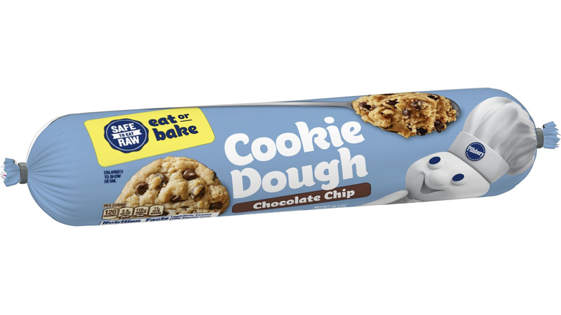 a tube of pillbury chocolate chip cookie dough, with a prominent label saying safe to eat raw in capital letters, along with the phrase eat or bake