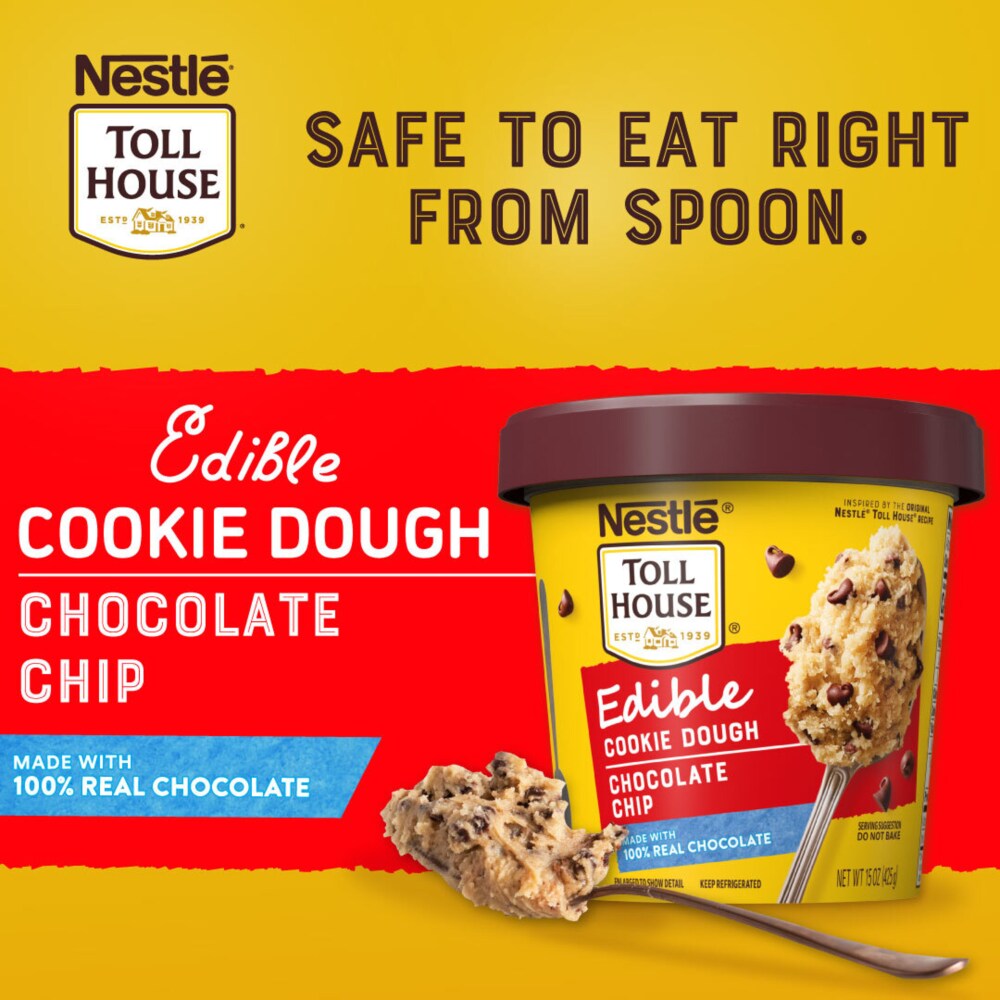 advertisement for nestle product called Edible Cookie Dough Chocolate Chip, with the tagline Safe to eat right from spoon. it comes in the same sort of tub a pint of ice cream does.