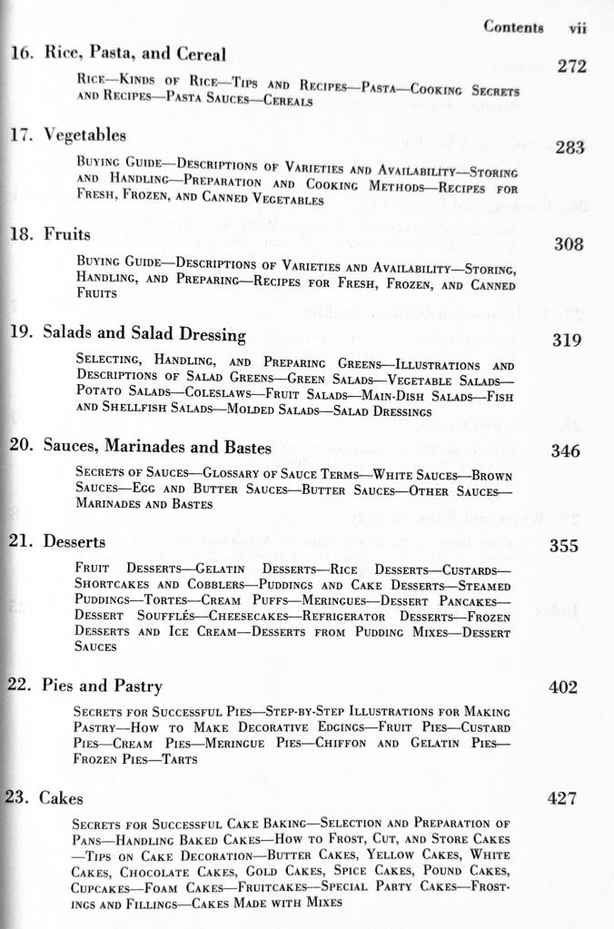 numbered sections in the table of contents - Rice, Pasta, and Cereal, Vegetables, Fruits, Salads and Salad Dressed, Sauces, Marinades and Bastes, Desserts, Pies and Pastry, and Cakes. The Cakes subsection has an exhaustive list Butter Cakes, Yellow Cakes, White Cakes, Chocolate Cakes, Gold Cakes, Spice Cakes, Pound Cakes, Cupcakes, Foam Cakes, Fruitcakes, Special Party Cakes
